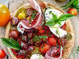 Tarte tomates, Burrata et jambon de Bayonne