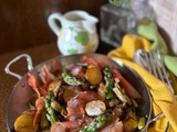 Poêlée Pommes de Terre de Noirmoutier – Asperges Vertes & Bacon grillé | Sauce au Camembert