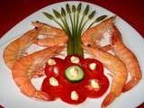 Assiette de Crevettes roses, Asperges sauvages et Tomates