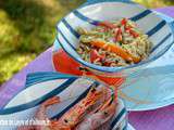 Salade froide de risetti pour buffet et gambas grillees a la plancha