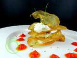 Millefeuille d'aubergines au Pélardon et brousse de brebis, vinaigrette de poivron rouge safranée