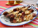 Brochettes de poulet à la saucisse de Morteau, sauce cancoillotte