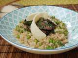 Risotto d’orge perlé aux petits pois et aux champignons