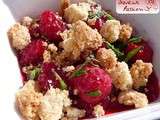 Framboises au basilic, crumble amande