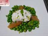 Salade de petits pois et fèves, pamplemousse, burrata et menthe