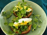 Toasts de petits pois, cresson et œufs pochés