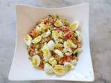 Salade de semoule au carotte, tomate, concombre et œufs de caille