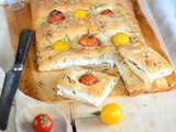 Fougasse maison aux tomates cerises, fromage de chèvre et ricotta