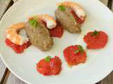 Salade de tomates confites aux herbes de Provence, Caviar d'aubergine et crevettes