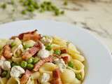 Orecchiette aux petits pois, lard fumé et crème au chèvre frais