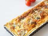 Quiche aux lardons, oignons doux, miel et bleu