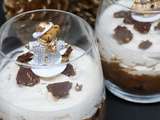 Verrine de mousse au chocolat, mousse aux marrons glacés et croustillant praliné