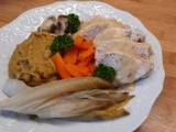 Poulet aux légumes sauce champignons et Purée de pois cassés