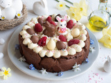 Gâteau chocolat huile d’olive, ganache chocolat blanc et framboises