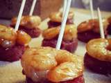 Mini brochettes chorizo & crevettes confites