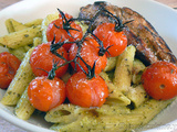 Penne au pesto, tomates cerises rôties