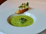 Crème de pois frais à la menthe, Croûton de Sérac