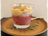 Verrine Mousse de betterave, mousse d'ail au chutney de figues, melon et caramel d'ail