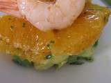 Gambas au caramel d'orange, salade oranges-avocats