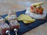 Brochettes de bar et thon facon ceviche sur son lit de tagliatelles d'asperges